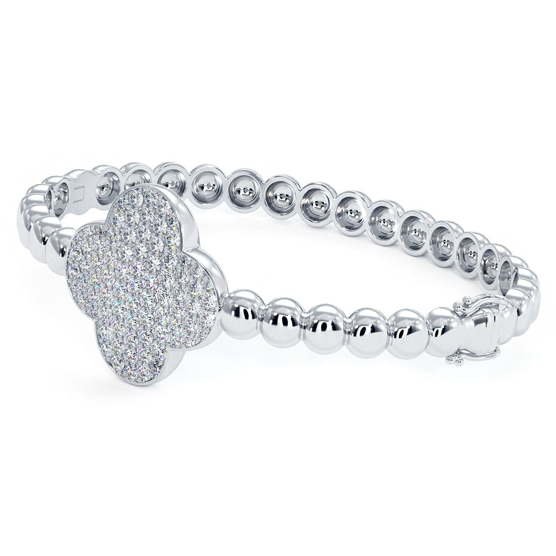 1.85 Carat Pave Diamond Beaded Bangle Cuff Bracelet 14k White Gold
