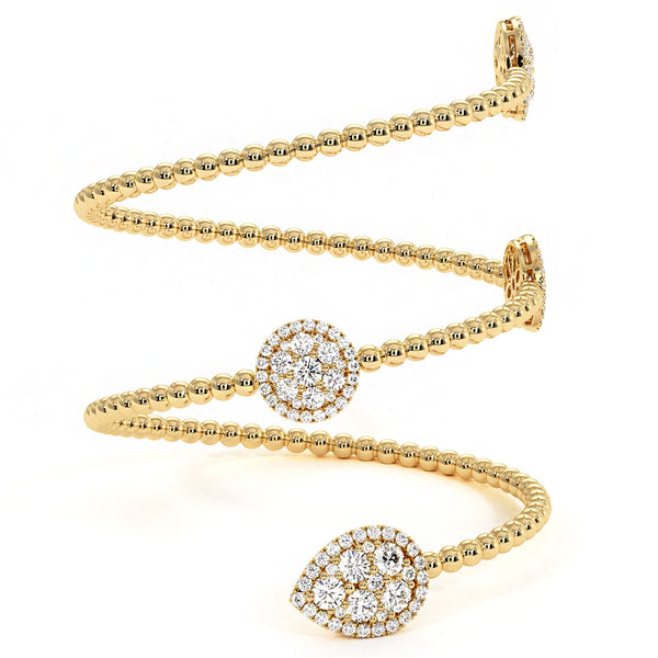 2.00 Carat Pave Diamond Beaded Bangle Cuff Bracelet 14k Yellow Gold