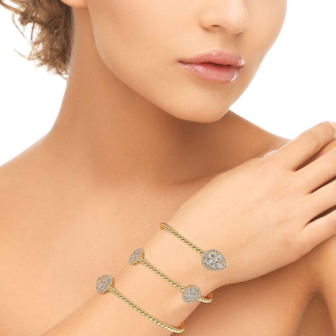 2.00 Carat Pave Diamond Beaded Bangle Cuff Bracelet 14k Yellow Gold