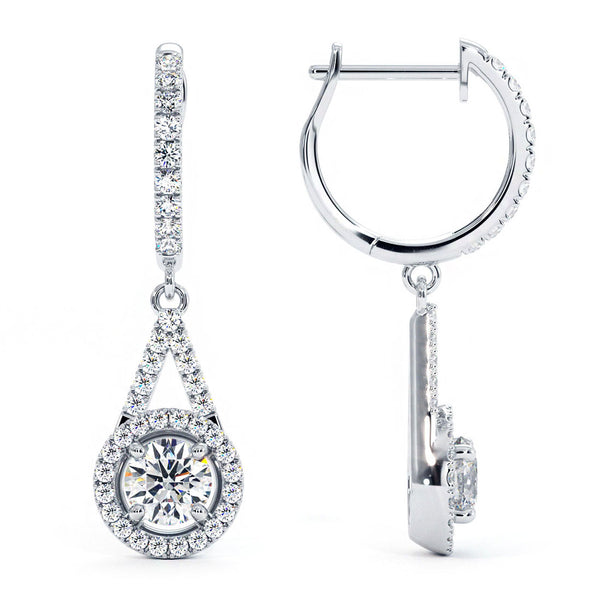 1.55 Carat Round Diamond Leverback Hanging Drop Earrings 18k White Gold