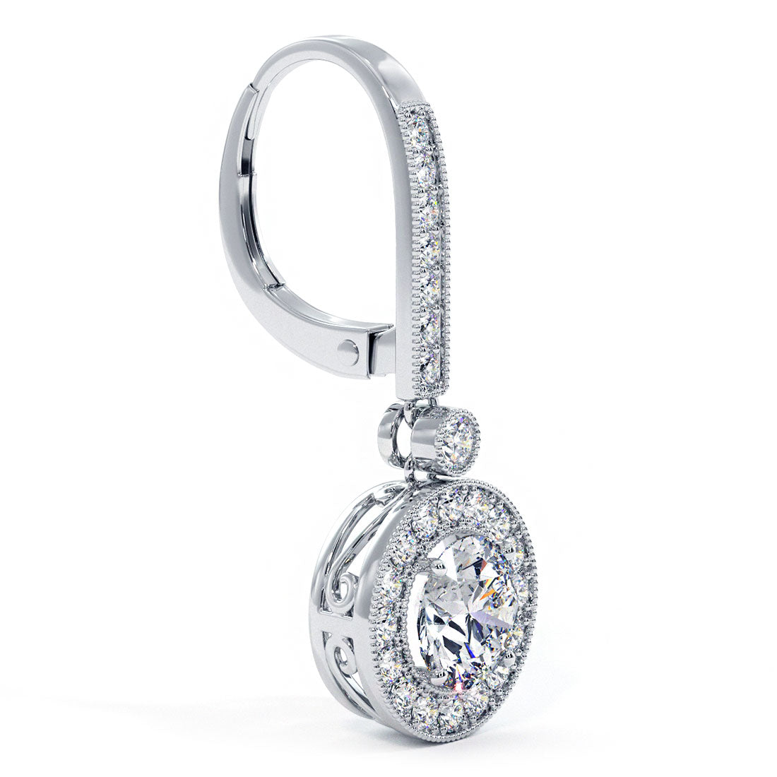 1.94 Carat Round Diamond Leverback Hanging Drop Earrings 18k White Gold