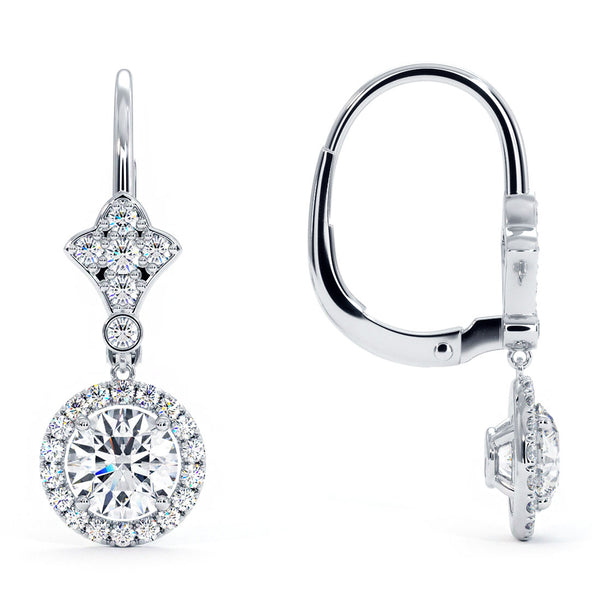 2.00 Carat Round Diamond Leverback Hanging Drop Earrings 18k White Gold