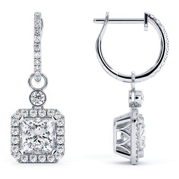 3.85 Carat Princess Cut Diamond Leverback Hanging Drop Earrings 18k White Gold