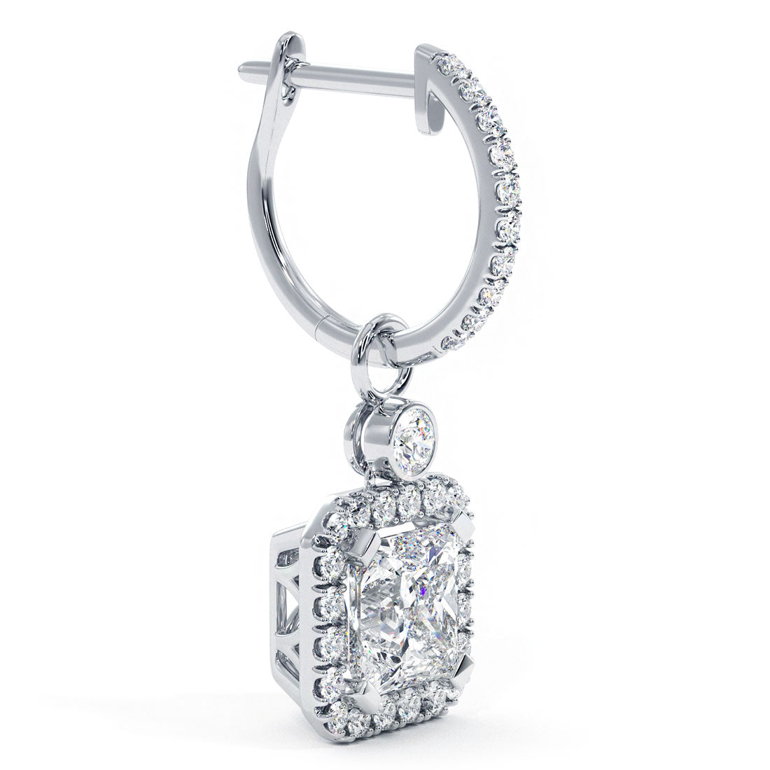 3.85 Carat Princess Cut Diamond Leverback Hanging Drop Earrings 18k White Gold