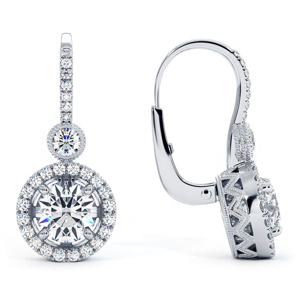 3.25 Carat Round Diamond Leverback Hanging Drop Earrings 18k White Gold