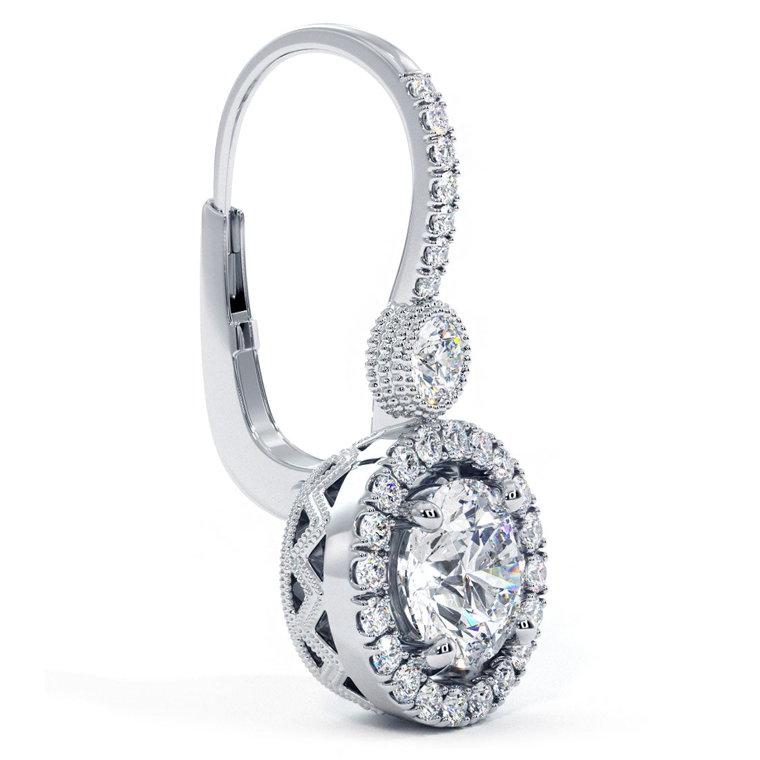 3.25 Carat Round Diamond Leverback Hanging Drop Earrings 18k White Gold