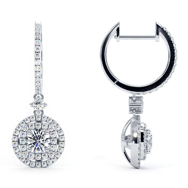 1.36 Carat Round Diamond Leverback Hanging Drop Earrings 18k White Gold