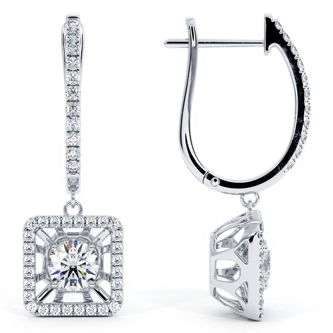 1.06 Carat Round Diamond Leverback Hanging Drop Earrings 18k White Gold