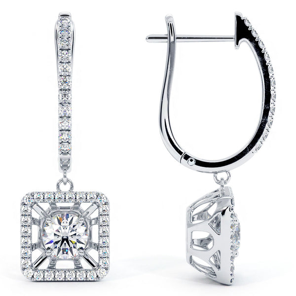 1.06 Carat Round Diamond Leverback Hanging Drop Earrings 18k White Gold