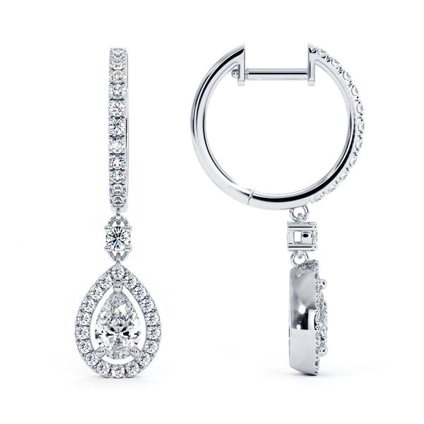 1.65 Carat Pear Shape Diamond Leverback Hanging Drop Earrings 18k White