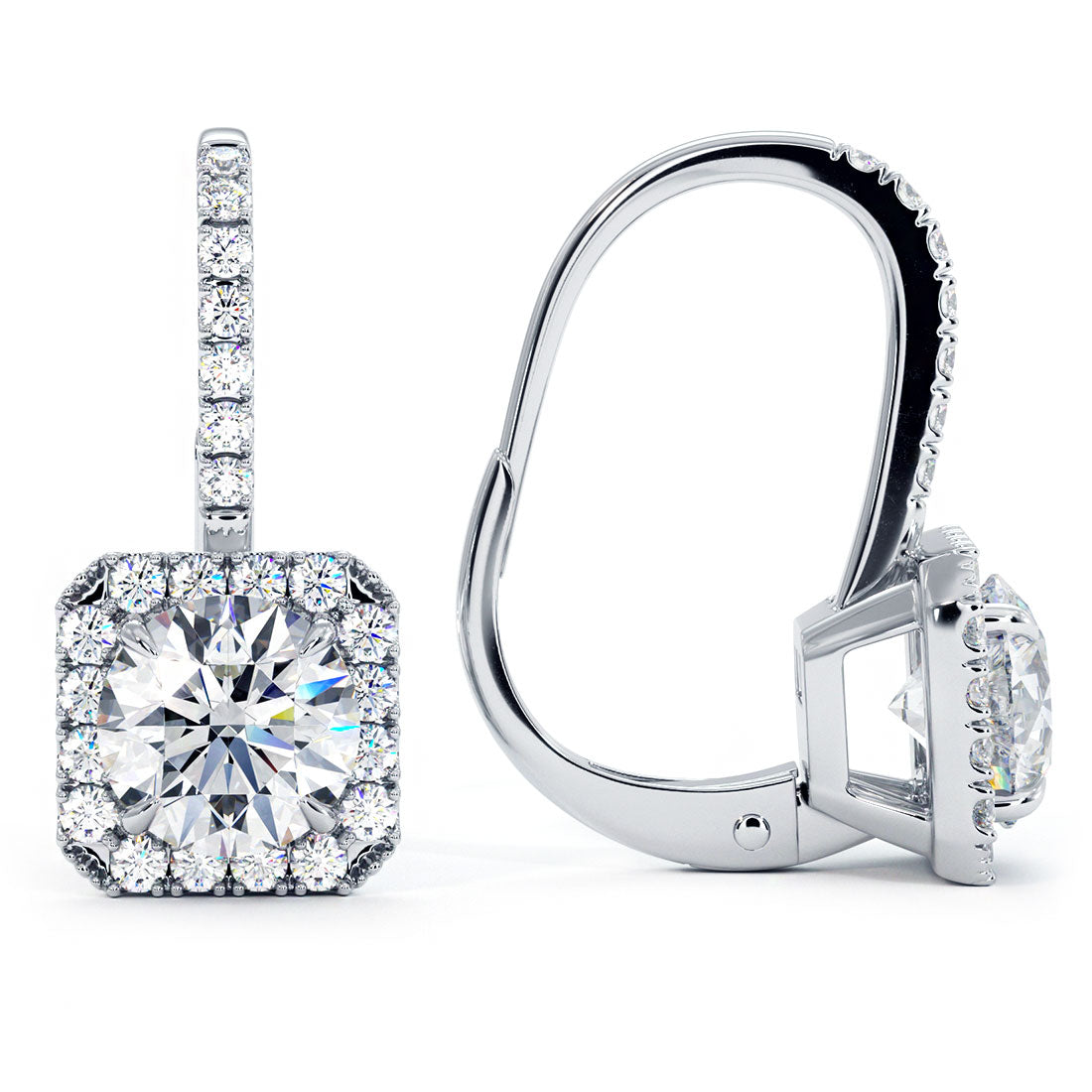 2.00 Carat Round Diamond Leverback Hanging Drop Earrings 18k White Gold