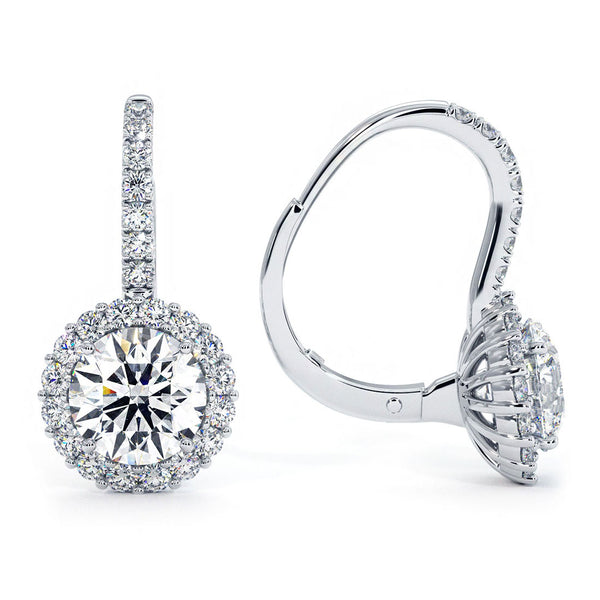 2.53 Carat Round Diamond Leverback Hanging Drop Earrings 18k White Gold