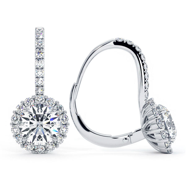 1.42 Carat Round Diamond Leverback Hanging Drop Earrings 18k White Gold