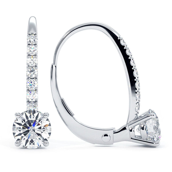 0.95 Carat Round Diamond Leverback Hanging Drop Earrings 18k White Gold