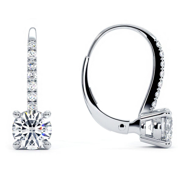 1.95 Carat Round Diamond Leverback Hanging Drop Earrings 18k White Gold