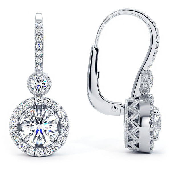 1.74 Carat Round Diamond Leverback Hanging Drop Earrings 18k White Gold