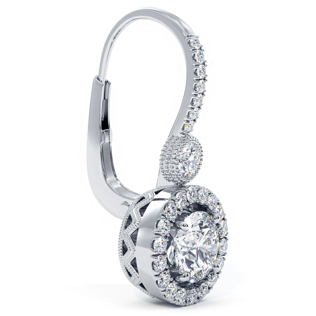 1.74 Carat Round Diamond Leverback Hanging Drop Earrings 18k White Gold
