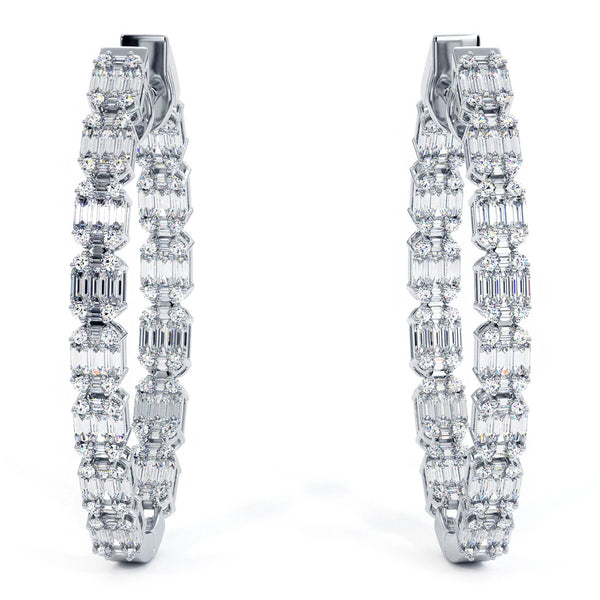 2.55 Carat Large inside out Emerald Cut Cluster Diamond hoop earrings 14k White Gold