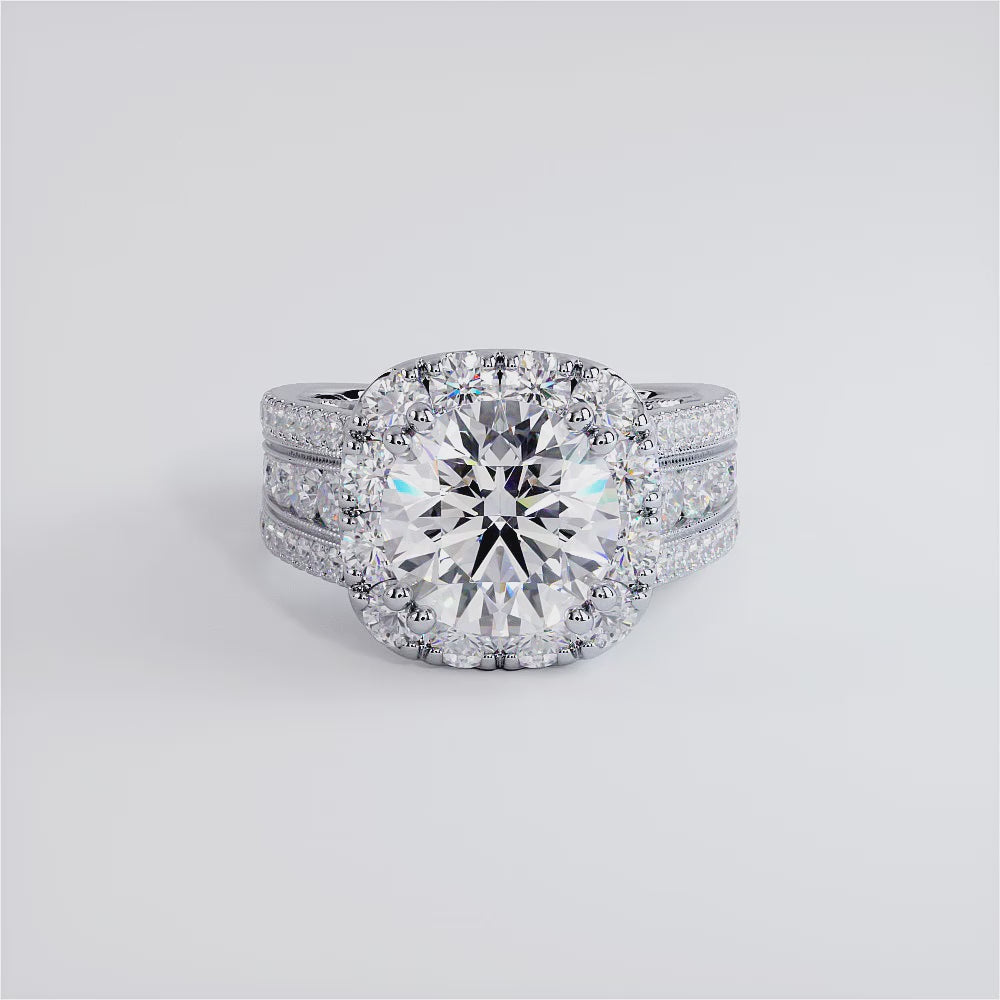 3 Carat Round Brilliant Vintage Milgrain Style Large Halo