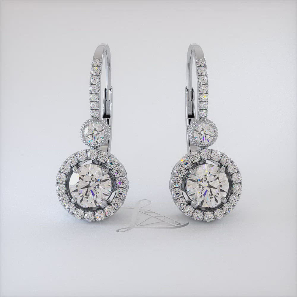 1.74 Carat Round Diamond Leverback Hanging Drop Earrings 18k White Gold