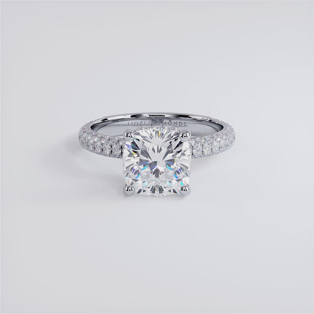 3 Carat Cushion Cut Under Halo Trio Micropavé