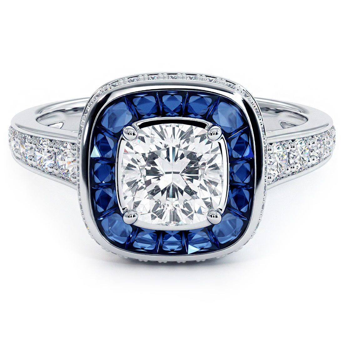 2.10 Carat White Cushion Cut Sapphire With Blue Emerald & CZ store Diamond Art Deco Ring In 925 Silver