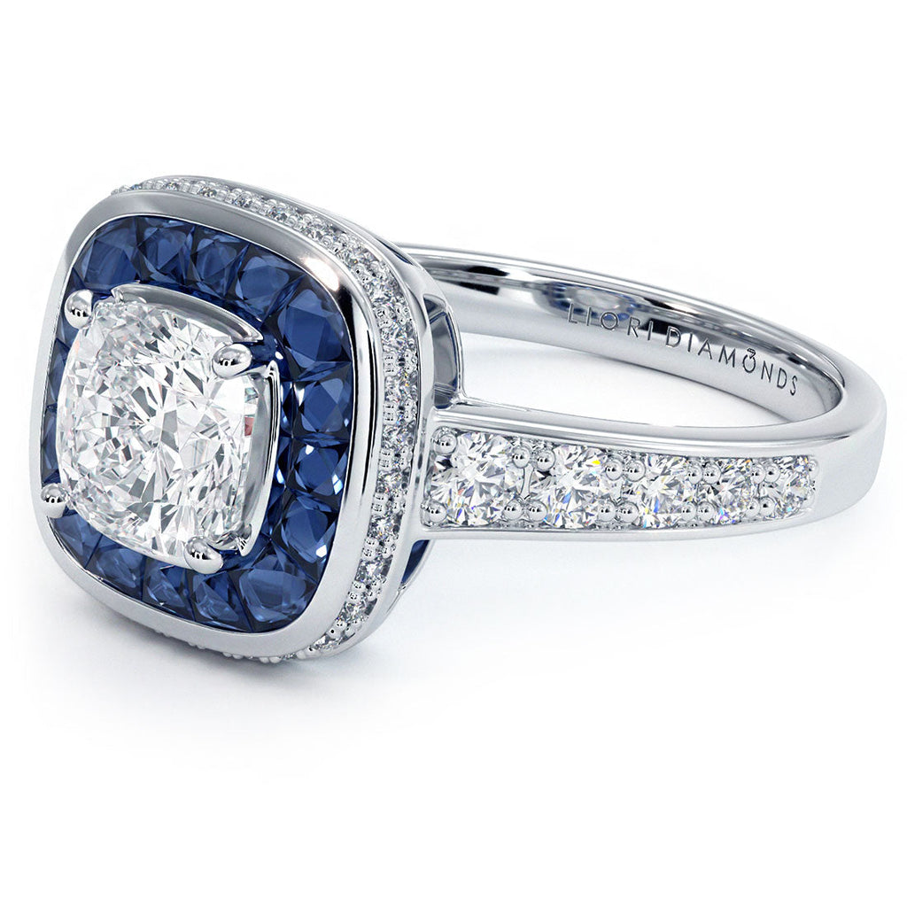 1 Carat Cushion Cut Art Deco Sapphire & Diamond