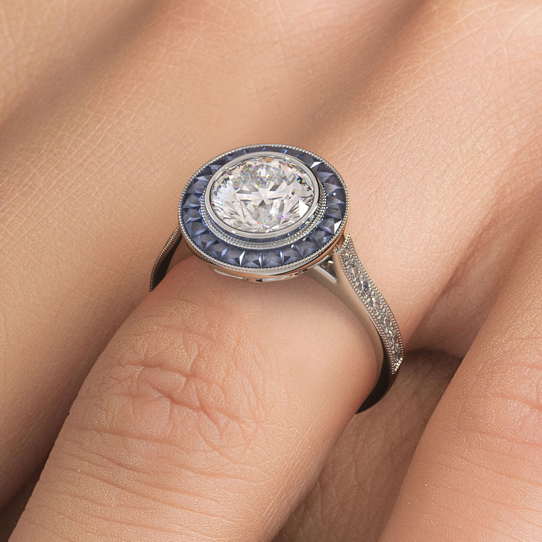 2.00ct Round Brilliant Antique Art Deco Bezel Set Sapphire & Diamond Engagement Ring Setting (1.05ctw) in Platinum