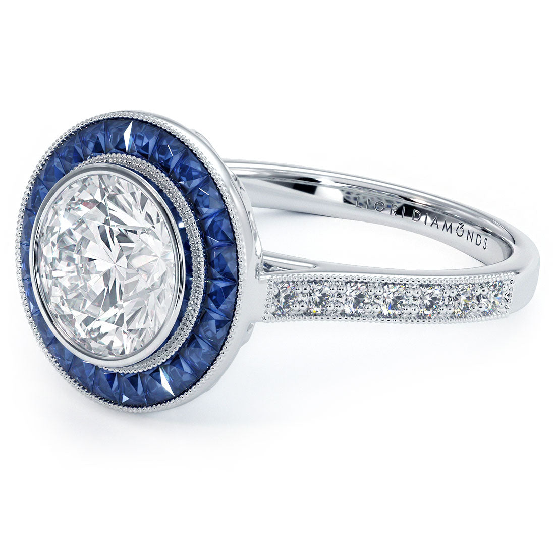 2.00ct Round Brilliant Antique Art Deco Bezel Set Sapphire & Diamond Engagement Ring Setting (1.05ctw) in Platinum