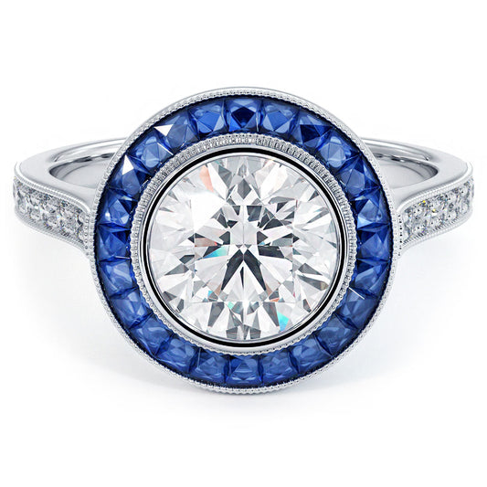 2 Carat Round Brilliant Antique Art Deco Bezel Set Sapphire & Diamond