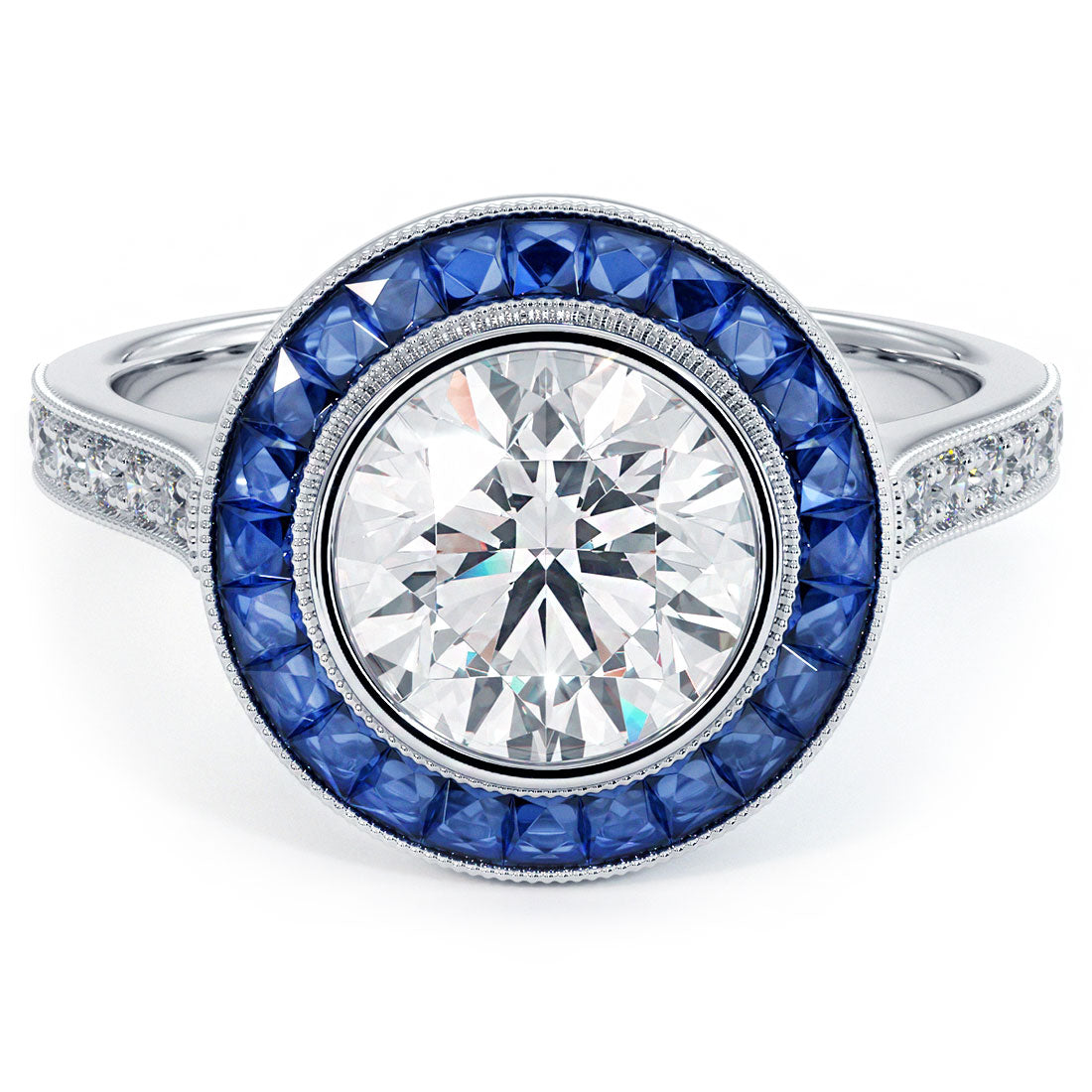 2 Carat Round Brilliant Antique Art Deco Bezel Set Sapphire & Diamond