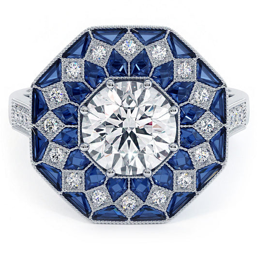 1.5 Carat Round Brilliant Antique Art Deco Sapphire & Diamond