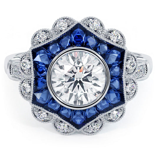 1.5 Carat Round Brilliant Antique Art Deco Sapphire & Diamond