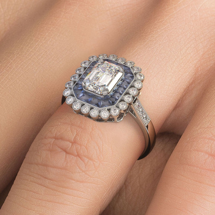 1 Carat Emerald Cut Antique Art Deco Sapphire & Diamond