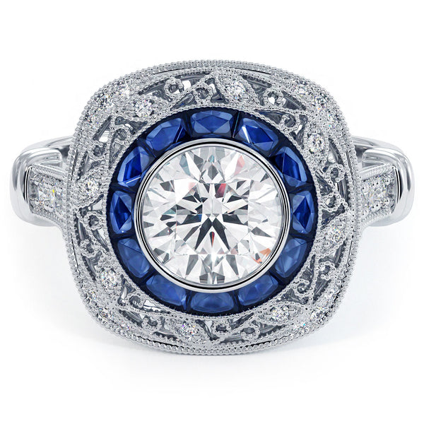 1 Carat Round Brilliant Antique Art Deco Sapphire & Diamond