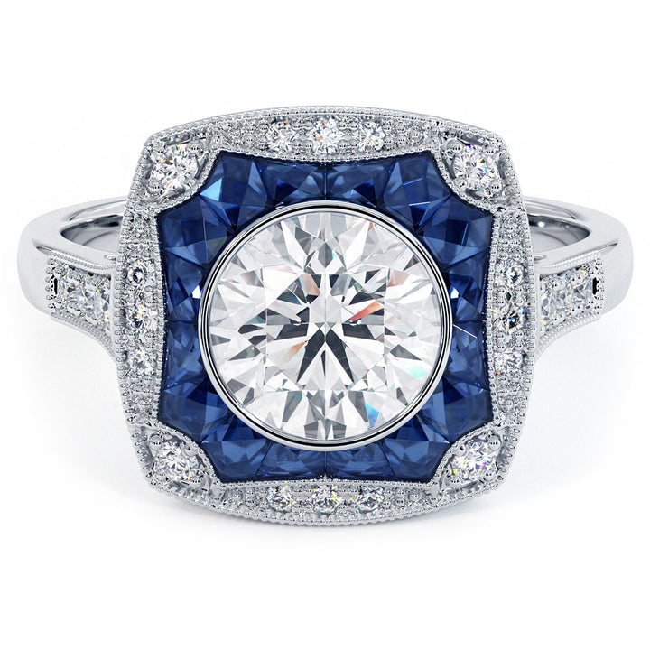 1 Carat Round Brilliant Antique Art Deco Sapphire & Diamond