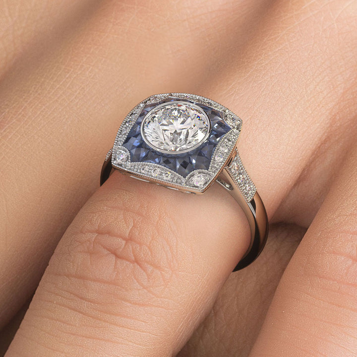1 Carat Round Brilliant Antique Art Deco Sapphire & Diamond
