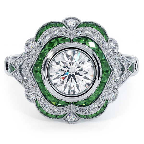 1 Carat Round Brilliant Antique Art Deco Emerald & Diamond