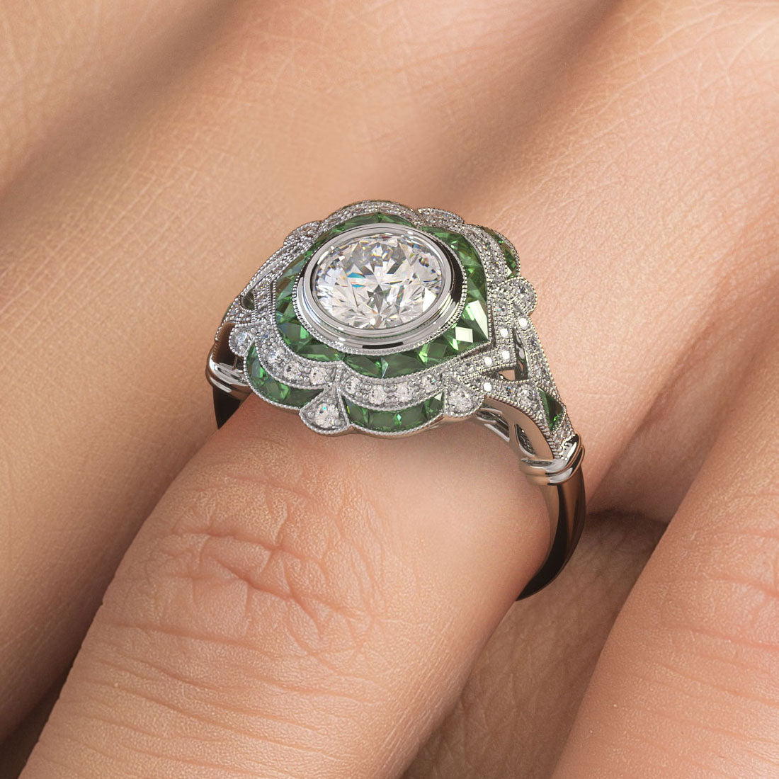 Round Brilliant Antique Art Deco Emerald Diamond