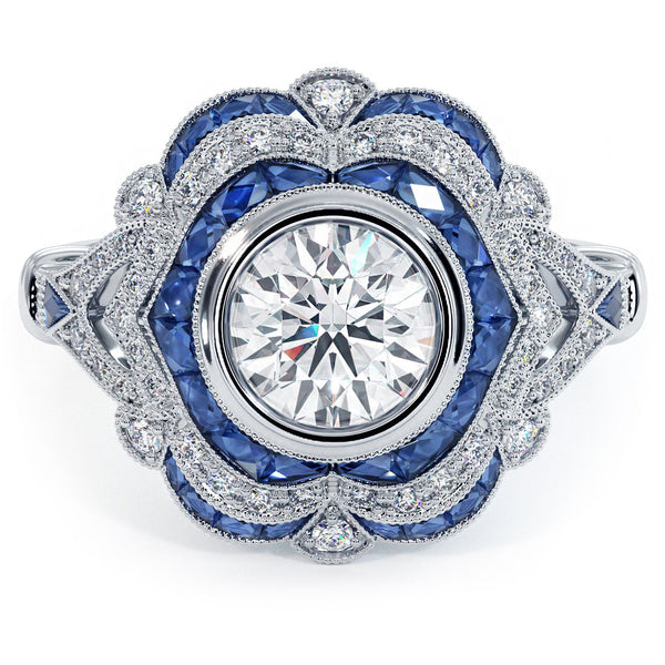 1 Carat Round Brilliant Antique Art Deco Sapphier & Diamond