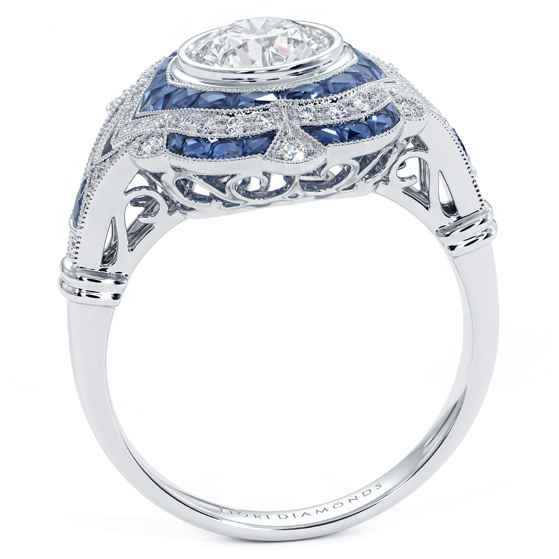 1 Carat Round Brilliant Antique Art Deco Sapphier & Diamond