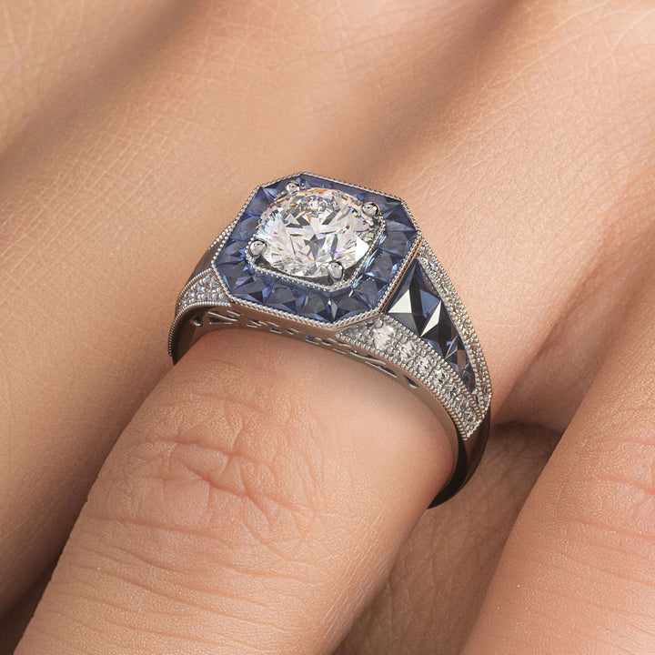 1 Carat Round Brilliant Antique Art Deco Sapphire & Diamond