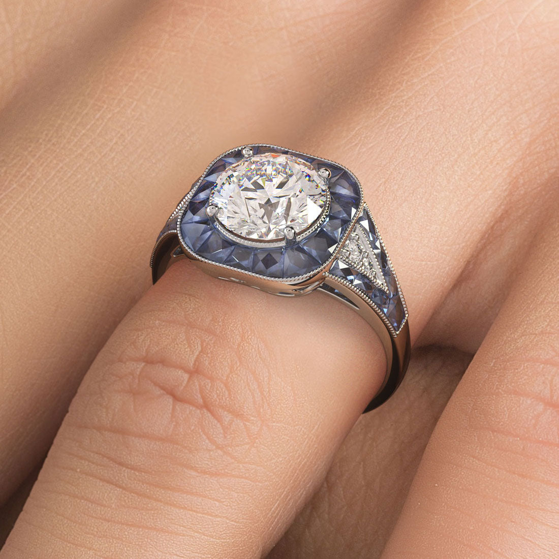 1.5 Carat Round Brilliant Antique Art Deco Sapphire & Diamond