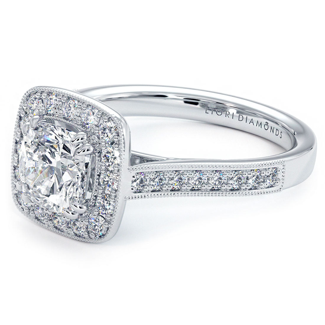 1.5 Carat Cushion Cut Micropavé Halo Milgrain