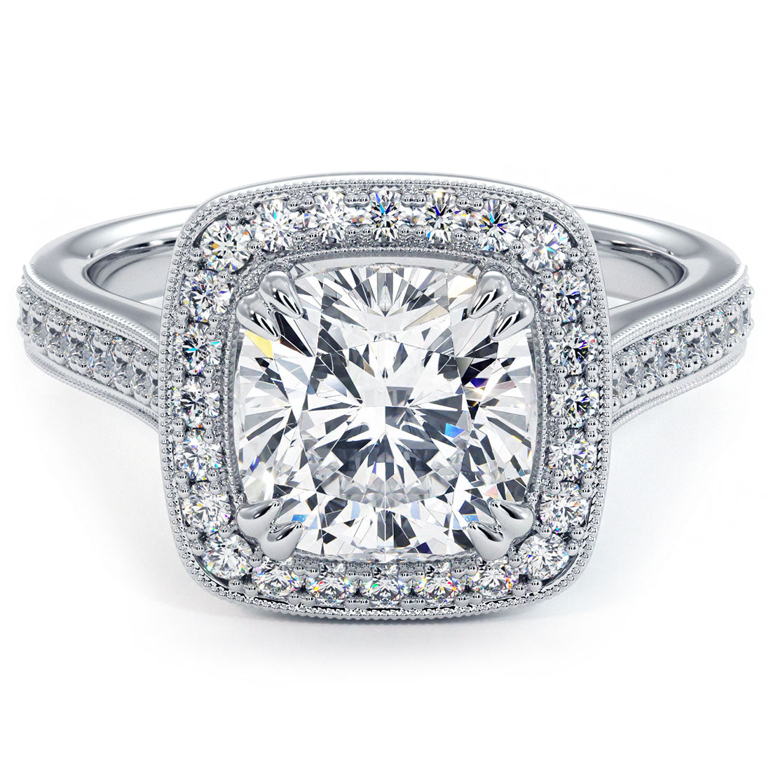2 Carat Cushion Cut Micropavé Halo Milgrain