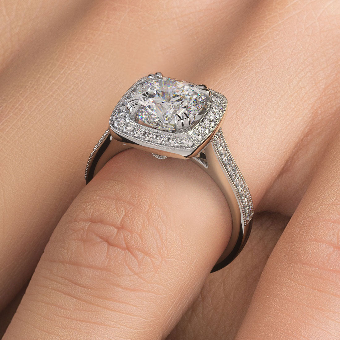 2 Carat Cushion Cut Micropavé Halo Milgrain