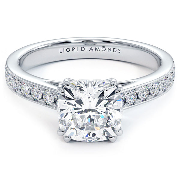 2.00ct Cushion Cut Petite Micropavé Cathedral Diamond Engagement Ring Setting (0.42ctw) in 18k White Gold