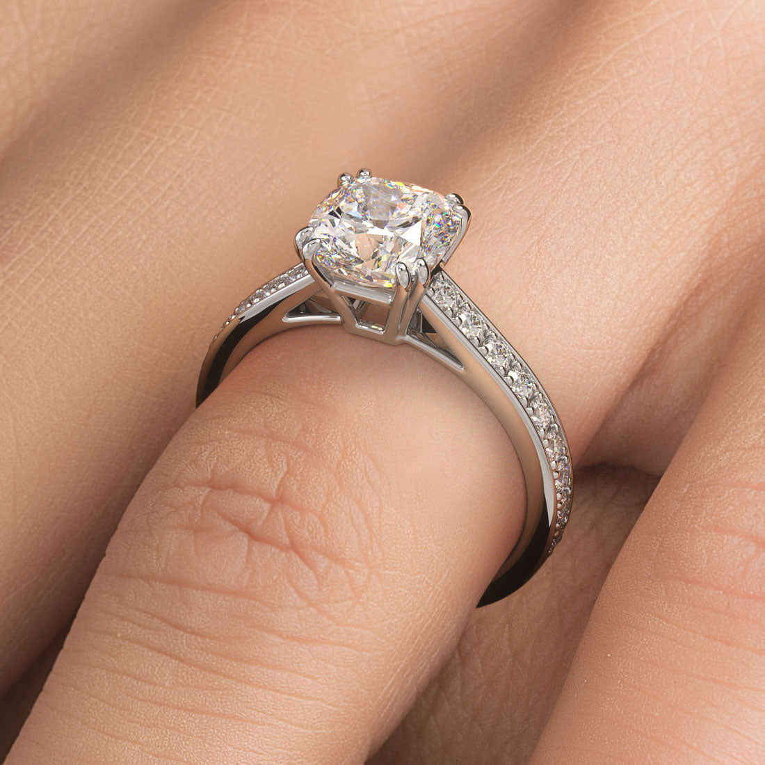 Cushion Cut Petite Micropavé Cathedral Diamond Engagement