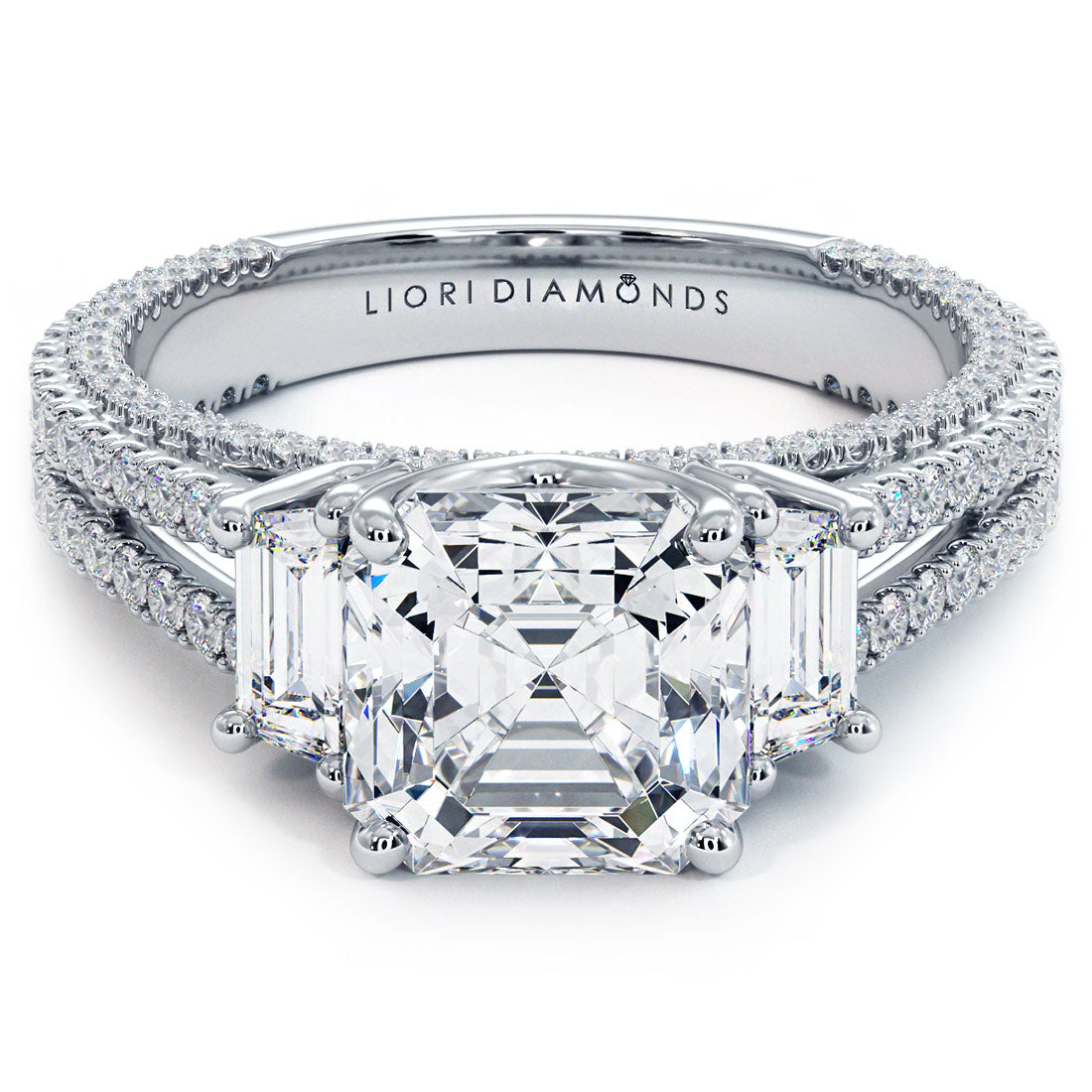 2 Carat Asscher Cut Three Stone Micropavé Split Shank