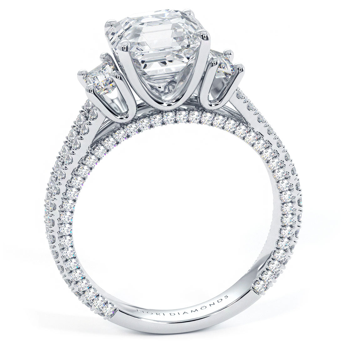 2 Carat Asscher Cut Three Stone Micropavé Split Shank